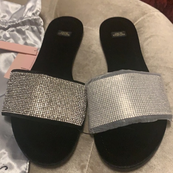 Victoria's Secret crystal bling black velvet slippers with dust bag, medium 7-8 - Picture 9 of 9